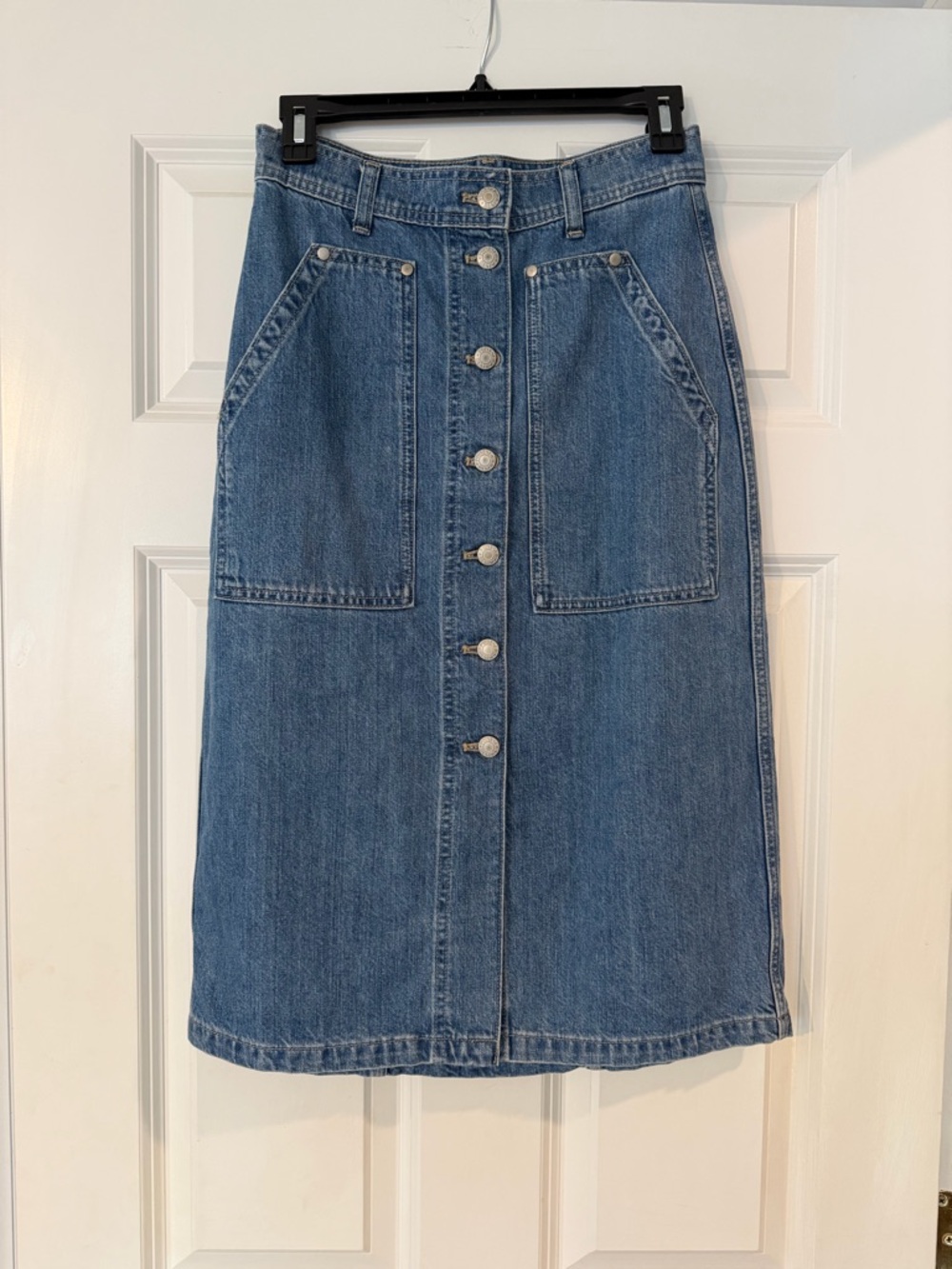 J. Crew Mid-Rise Button-Front Denim Midi Skirt in Blue